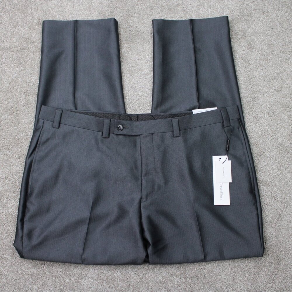 Calvin Klein Dress Pants NWT Mens 40x30 Gray Flat Front Suit Separate Poly/Rayon